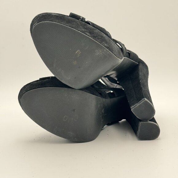 Steve Madden Suede Leather Cutout Platform Heels Black Peep Toe Chunky Slingback - Picture 5 of 12